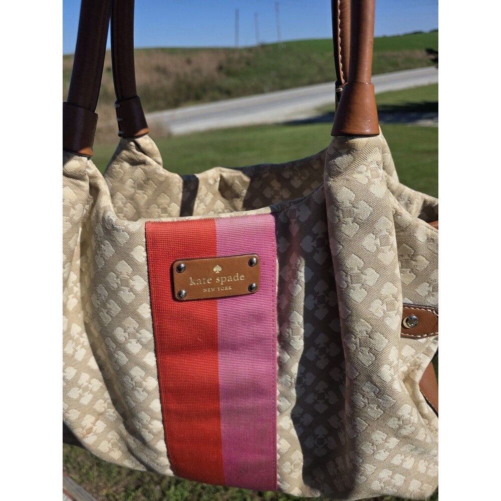 Kate Spade New York Beige Jacquard Logo Satchel Zip, Brown Leather Handles - Picture 6 of 12